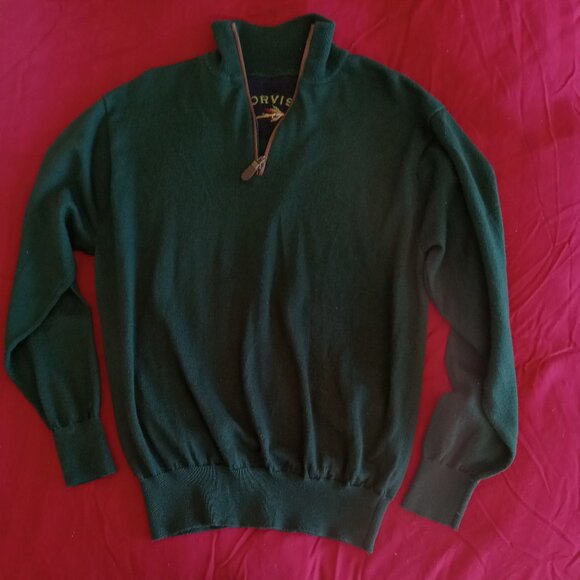 Orvis 100% MERINO WOOL Forest Green 1/4-Zip Sweater w/Leather Zipper Trim - Picture 1 of 7